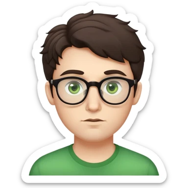 Young man with slightly curled dark brown poofy hair, green eyes wearing glasses, wide face with eyes set apart, bigger ears, pale skin, slightly bigger nose, fuller darker lips, and very light stubble sticker