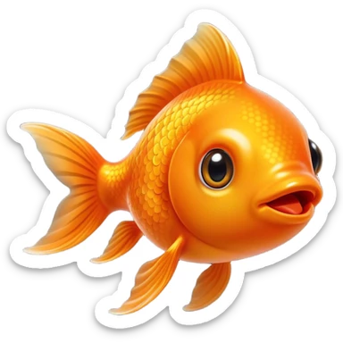 Cinematic Cute Orange Goldfish Portrait Emoji, Head tilted playfully and inquisitively, featuring a glossy, vibrant orange body with delicate, flowing fins, round, sparkling golden eyes filled with curiosity, Simplified yet irresistibly adorable features, highly detailed, glowing with a warm, friendly glow, high shine, affectionate and lively, stylized with a touch of whimsy, bright and endearing, soft glowing outline, capturing the essence of a mischievous yet loving goldfish, so playful it feels like it could swim out of the screen and into your heart! sticker