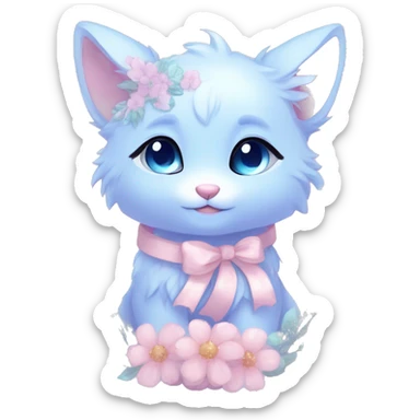 Anthro Cute Cool Blushing Pastel Innocent Shy Kawaii gorgeous sparkly ethereal fantasy anime animal creature with blue eyes furry sona with flowers and ribbons beautiful aesthetic sticker