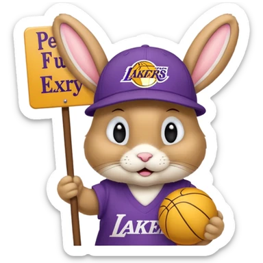 A tanish bunny with a Lakers hat and a sign that says "peewee" sticker