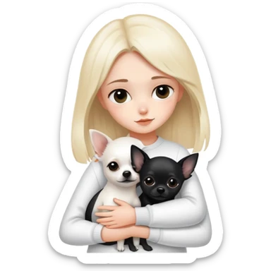 A girl with fair skin, wearing white clothes, gently and tightly hugs a black Chihuahua sticker