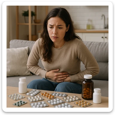 realistic style woman sitting with hand on abdomen, dysbiosis due to wrong supplementation, worried expression, scattered supplement packages, domestic environment sticker