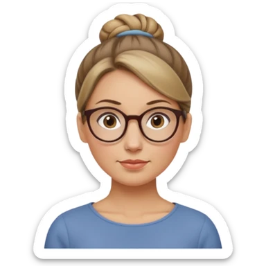 femme de 38 ans avec des cheveux tirés vers l'arrière blond foncé sans mèche devant, un chignon haut, yeux bruns, lunettes rondes, visage ovale sticker
