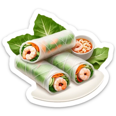 Cinematic Realistic Vietnamese Summer Rolls Dish Emoji, depicted with delicate rice paper wraps filled with fresh vegetables and shrimp rendered with crisp textures and refreshing lighting. sticker