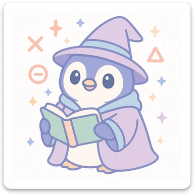 chubby penguin in wizard robes, holding an open spellbook, magical runes floating around sticker