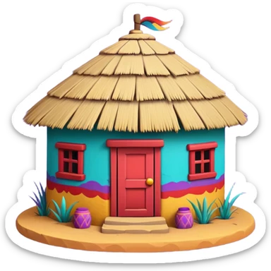 African mud hut tribal house, round adobe clay hut, thatched roof, bright colorful paint, walls in turquoise, red, yellow, purple, tribal patterns, cute mobile game icon, 3D cartoon, soft shadows, clean background, no text, no watermark sticker