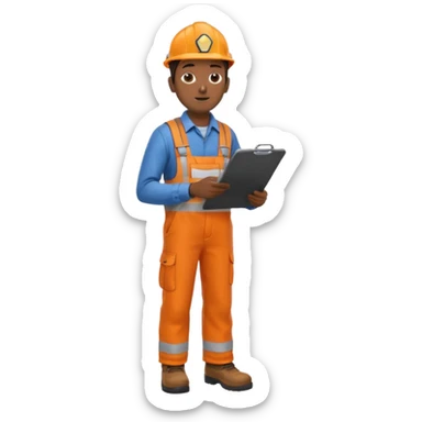 Indian male railway engineer orange overalls, boots holding a clipboard facing away sticker