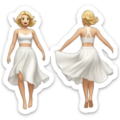 Hyperrealistic Full body Caucasian curvy beauty jumping white skirt back and front views strong wind sticker