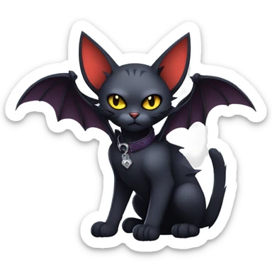  cool edgy dark-themed animal vampiric cat-hybrid Fakemon with fangs and bat-wing-ears with a collar full body sticker
