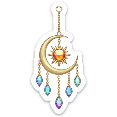 Hanging chained sun-catcher with iridescent crystal gemstones  and gold crescent  sticker