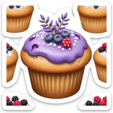 Lavender flower sprigs on a muffin with berries and sugar crystals without frosting  sticker