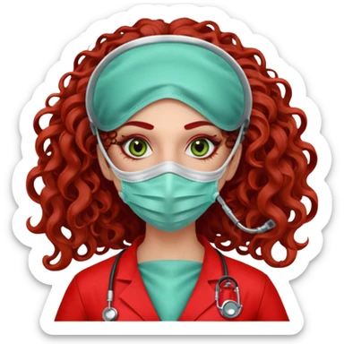 Sensual Spanish Lilith core evil surgeon.red outfit.  Surgeon has hazel-green eyes. Her hair is BROWN. Hair is also  long and  curly. wearing a sexy surgeon outfit with platform  heels.she is a calculated killer. She covers only her mouth and nose with mask to hide identity carries  sticker