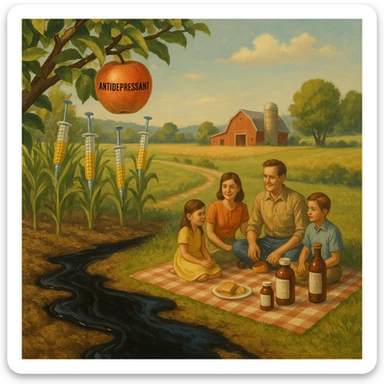 peaceful farm landscape with apples on trees labeled as antidepressants, corn cobs as syringes, soil oozing black oil, a family enjoying a picnic with their food gradually turning into medicine bottles, calm scene with underlying sense of unease sticker