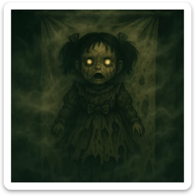 Add thick fog and swirling mist throughout the scene to enhance the creepy atmosphere, keep all other details unchanged. sticker