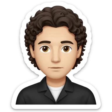 He’s a man with light to medium skin, a defined oval face, full brows, deep-set eyes, and wavy to curly dark brown hair styled with height, sides are low. expression calm and focused relaxed black open-collar shirt.polished, articulate, and professional vibe. sticker
