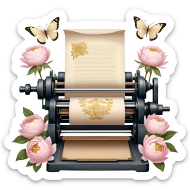 An old-fashioned letterpress printing studio, where stacks of aged parchment are printed with delicate golden floral motifs of soft pink roses and white peonies, as pearl butterflies rest gently on the warm paper.
 sticker