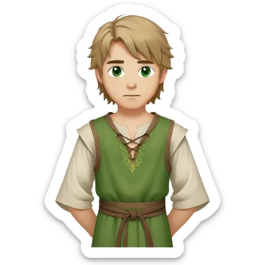 medieval summer outfit worn by a DnD themed fantasy male character. lightweight flax tunic with no sleeves and a simple tied neckline. clothes only above the waist. The clothes full waist. The character's haven't arms. character is white-skinned, dark blonde hair, green eyes, shoulder-length messy hair. sticker