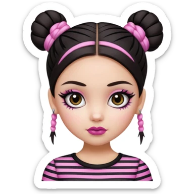 generate a pretty fair bratz girl with dark brown eyes. Dark brown hair straight hair with pink highlights tied into buns.  eyeliner. black lipstick. Black and white striped top.  sticker