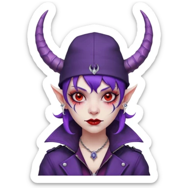 purple girl demon with tattoos, hat, jacket and horns sticker