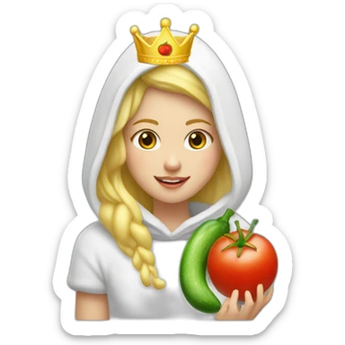 blonde girl  eating  cucumber and tomatoes with white hoodie iridescent and a crown princess sticker