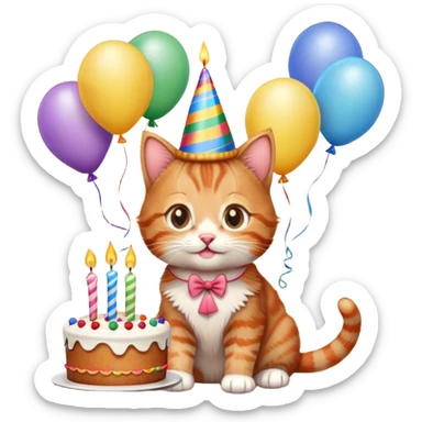 Ginger tabby kitten celebrates birthday, birthday hat, birthday cake, one candle, balloons, happy, gifts sticker