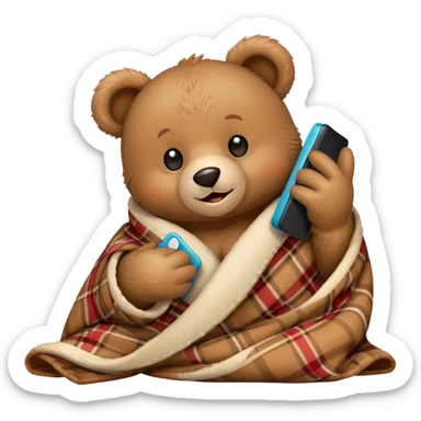 a Christmas teddy happy bear wrapped in a blanket talks on phone sticker