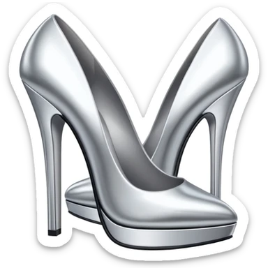 A pair of high heel shoes emoji made of polished silver chrome, elegant sharp silhouette, smooth metallic surface, glossy reflections, luxury sexy vibe, minimalistic iOS emoji style, centered, clean white background sticker