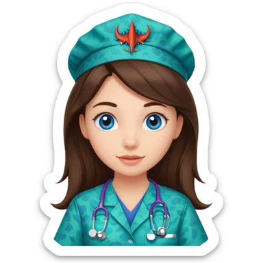 pretty brunette nurse with long hair and blue eyes in dinosaur pattern scrubs sticker
