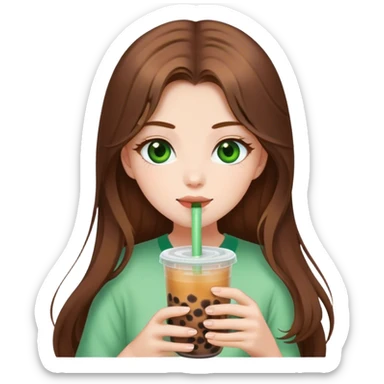brown haired with long hair girl with green eyes and white skin drinking a boba tee drink.  sticker