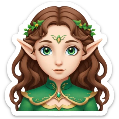An elf girl with big green-blue eyes, medium length brown wavy hair and white skin sticker