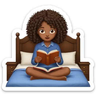 Una chica morena de pelo rizado leyendo sentada en la cama sticker