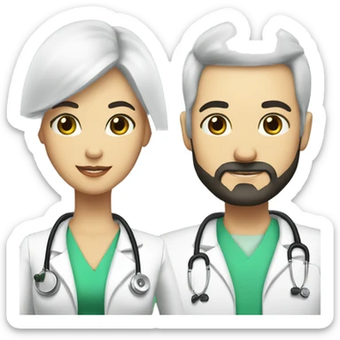 two doctors male and female. male with bald head and black beard with a crown. Female with green eyes long black hair and a crown  sticker