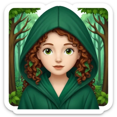A white woman, a little thicker, with long dark auburn hair robed and hooded like she's a Traitor in the tv show The Traitors. her hair is mostly curly (kinda frizzy, not clean curls) and the robe is a dark dark forest green color sticker