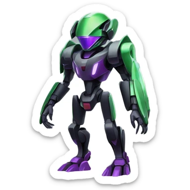 a shiny black-green-purple Genesect-Raptor-Fakémon-Medabot-hybrid with a futuristic visor-helmet full body sticker