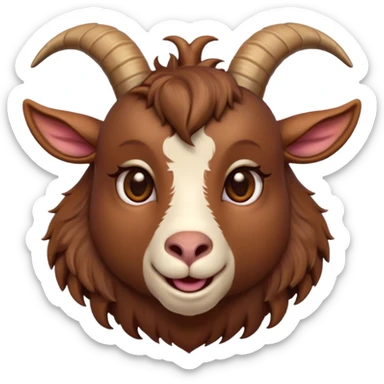 Cinematic Cute Brown Goat Portrait Emoji, Head tilted playfully and inquisitively, featuring a glossy, rich brown fur with charming curved horns, round, sparkling eyes filled with gentle curiosity, Simplified yet irresistibly adorable features, highly detailed, glowing with a warm, friendly glow, high shine, affectionate and lively, stylized with a touch of rustic whimsy, bright and endearing, soft glowing outline, capturing the essence of a mischievous yet loving goat, so playful it feels like it could trot out of the screen and into your arms! sticker