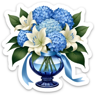 An exquisite floral arrangement of deep blue hydrangeas, pastel blue peonies, and ivory lilies, bound with a flowing pearl satin ribbon and placed in a crystal vase sticker