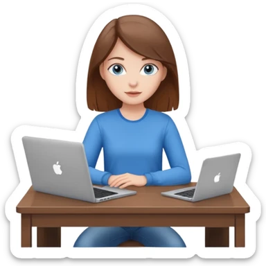 white girl with brown hair and blue eyes, sitting at a desk with a laptop, casual outfit sticker