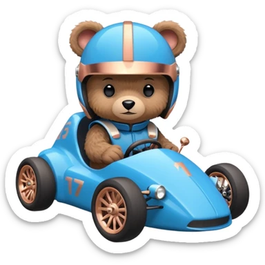 dark crystal blue and rosegold-accented faceted-body electric racing car driven by a small cute but fearless teddy baby bear with rear spoiler, roll bar, and wheely bar sticker
