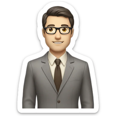 Full height Pale skinned Fit Man With dark brown hair in classic gray suit, beige office shirt, dark gray tie, and vintage glasses. His right hand is directed up sticker