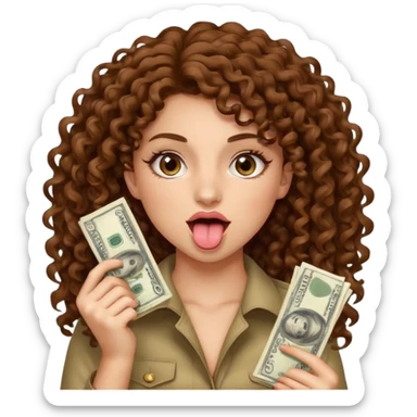 girl with brown curly hair, brown eyes, long natural lashes, holding up a lot of money with her tongue sticking out like shes flexing sticker