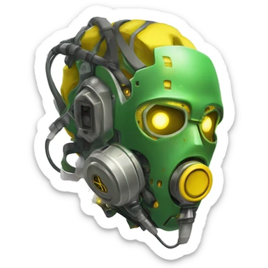 Green skin cyborg head with dark yellow Mohawk, white respirator mask and circuitry sticker