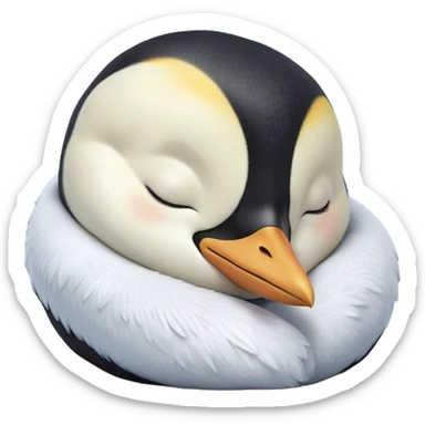 Meme-Worthy cute Sleeping Emperor Penguin Portrait Emoji, Head resting peacefully with a contented smile, showcasing luxuriously soft feathers and a serene, slumbering gaze, Simplified yet hilariously adorable features, highly detailed, glowing with a soft, drowsy polar light, high shine, relaxed and utterly lovable, stylized with an air of playful laziness, bright and heartwarming, soft glowing outline, capturing the essence of a comically sleepy emperor that feels destined to become the next viral sensation of adorable rest! sticker