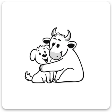 goofy drawing of a bull with a single horn in the middle of its head hugging a dog, hand-drawn doodle style sticker