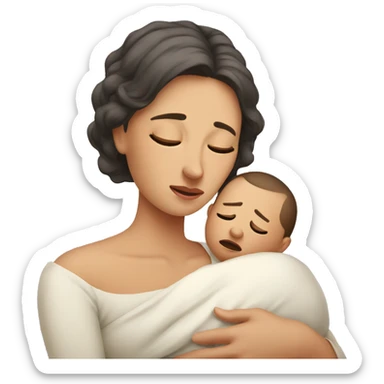 European sad mother with newborn sticker