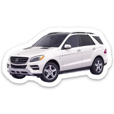 3D style image of a 2015 Mercedes Benz ML350 SUV, white exterior, black interior, three-quarter angle sticker