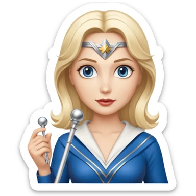 Blonde blue eyes Wonder Woman holding bell and short white orchestra conductor’s baton  sticker