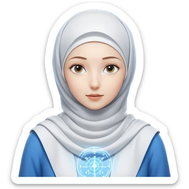 girl with white hijab in blue clothes, surrounded by screens displaying advanced holographic projections, quantum computing visuals, neural networks, futuristic UI elements, flowing digital code sticker