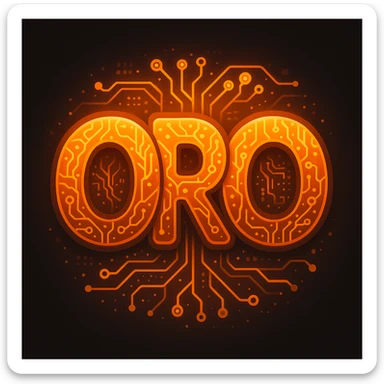 The word 'ORO' as a unique, tech-savvy emoji in an orange blend color, with neural links flowing all over it, featuring a futuristic touch and creative elements such as glowing circuits, digital patterns, and a sleek, high-tech vibe. sticker