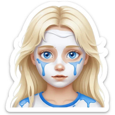 Girl with blue eyes and "white" paint on her face with long blond messy air,  sticker