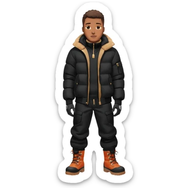 Handsome Black grown man with brown skin tone, wear black joggers, a black bubble coat, and buckwheat timberland boots, and black gloves sticker